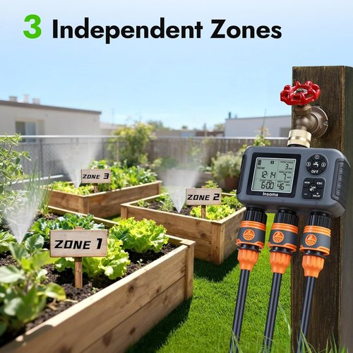 Insoma Water Timer - 3-Zone Outdoor Hose Timer with Brass Inlet & IPX5 Waterproof | Garden Irrigation Controller