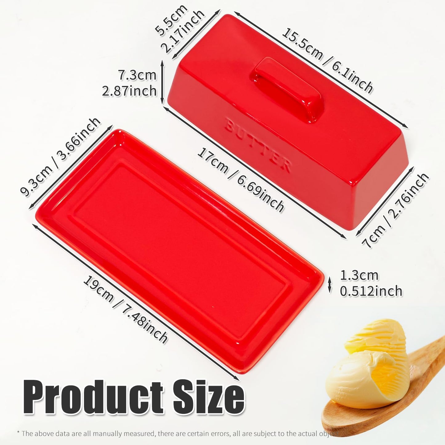 Gute Butter Dish with Lid for Countertop, Covered Ceramic Butter Dish, Butter Tray Storage for 1 Stick of Butter, Butter Keeper Container with Handle for Kitchen, Red