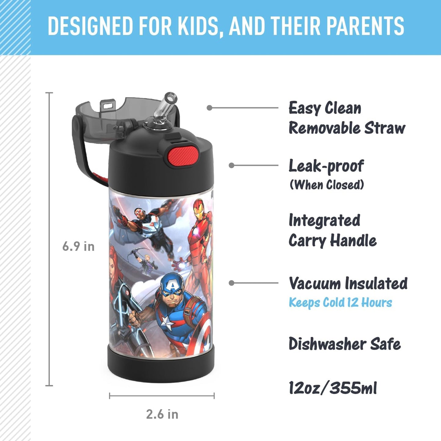 THERMOS FUNTAINER Water Bottle - 12 Ounce Stainless Steel Vacuum Insulated with Straw | Avengers Design
