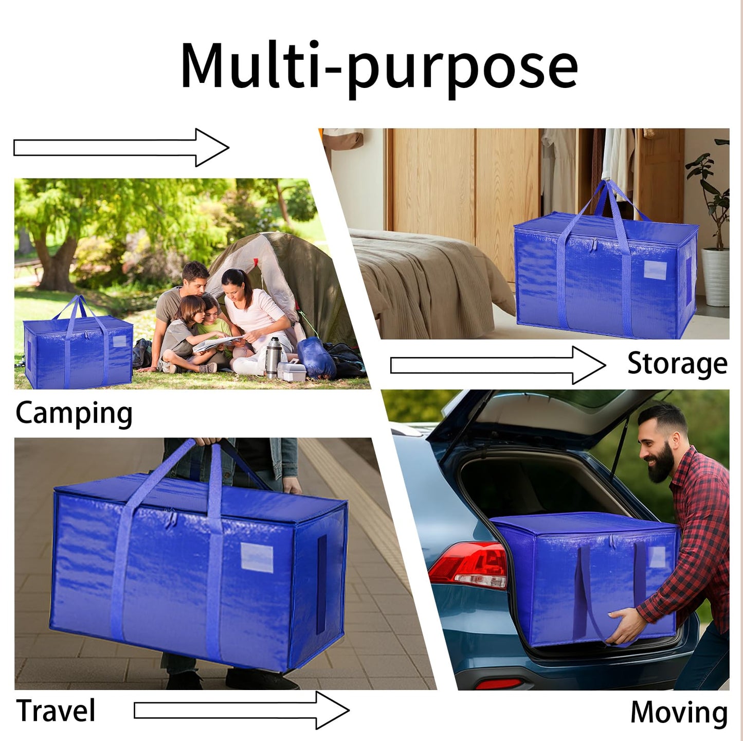 6 Pack-Extra Large Heavy Duty Moving Bags - Waterproof Storage Totes with Handles & Zippers, Foldable for College Dorm, Storage (Blue)