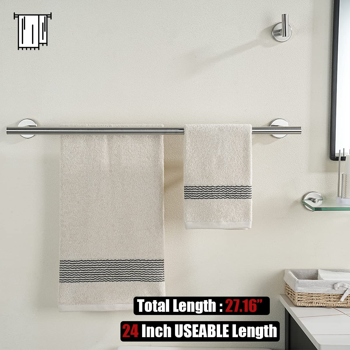 JQK Double Towel Bar, 24 Inch 304 Stainless Steel Thicken 0.8mm Bath Towel Rack for Bathroom, Towel Holder Brushed Wall Mount, Total Length 27.16 Inch 2 Pack, TB100L24-BN-P2