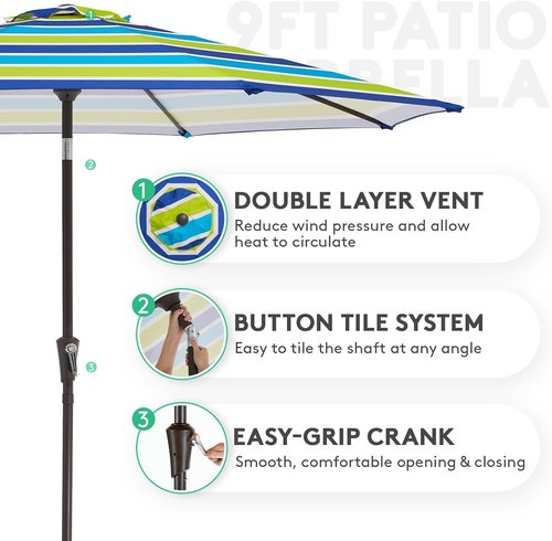 JEAREY 9FT Outdoor Patio Umbrella - Push Button Tilt & Crank | UV Protection, Waterproof - Blue-Green Stripe