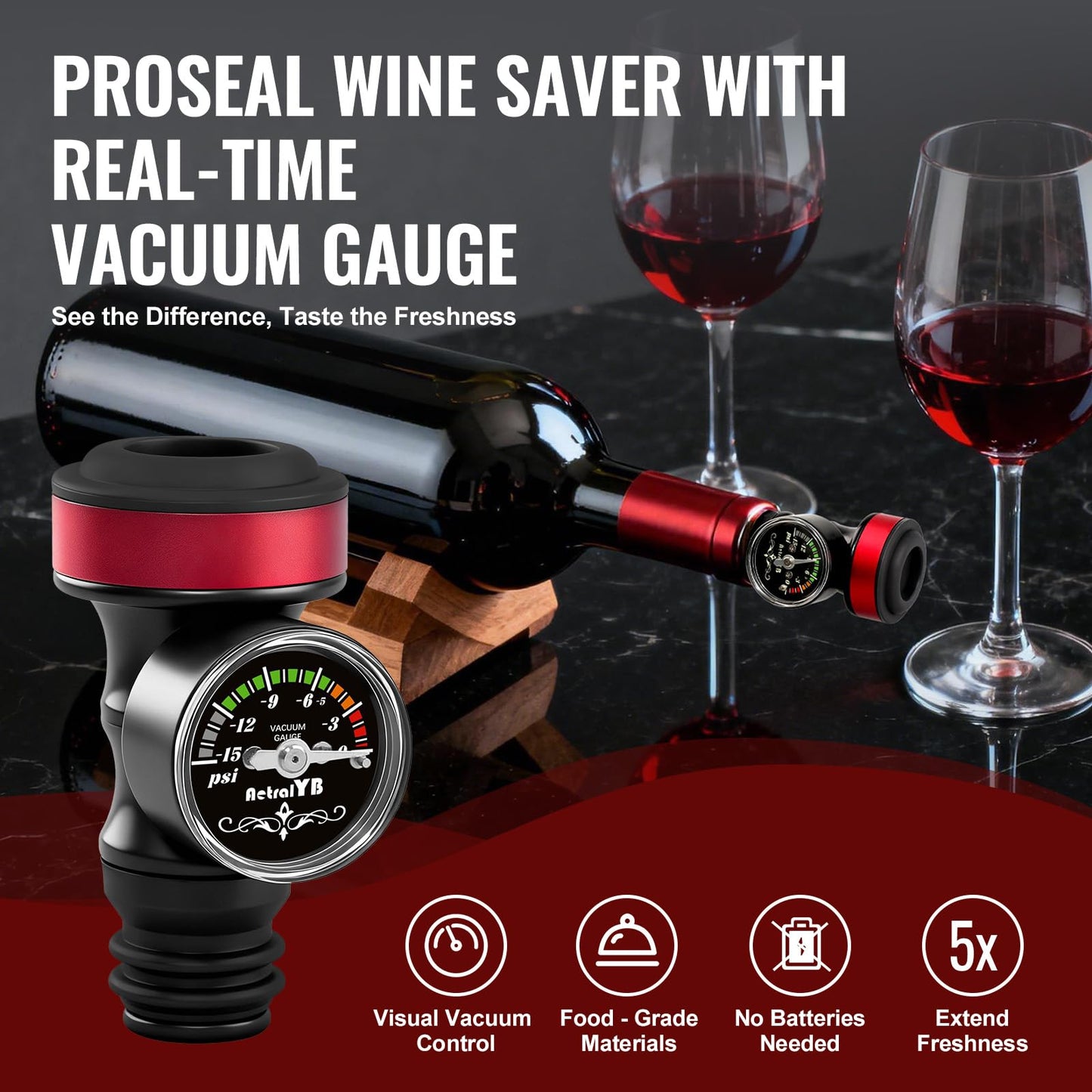 2 Pack Wine Vacuum Saver Sealer with Real-Time Pressure Gauge, Reusable Bottle Stoppers for Red & White Wine Preservation - Airtight Seal, Keep Fresh 5X Longer (Includes Hand Pump)