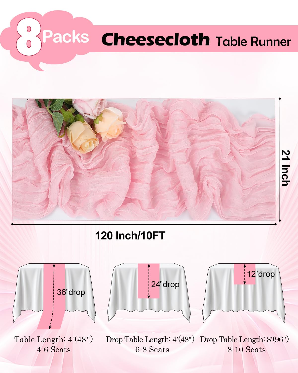 8 Pack Pink Cheesecloth Table Runner 21x120 Inch Boho Gauze Table Runners Rustic Light Pink Table Runner for Wedding Birthday Party Baby Shower Centerpiece Valentine's Day Home Decorations