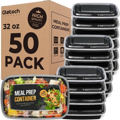 Glotoch Meal Prep Containers - 32oz 50-Pack | Reusable Plastic Bento Boxes for Portion Control, Microwave Safe