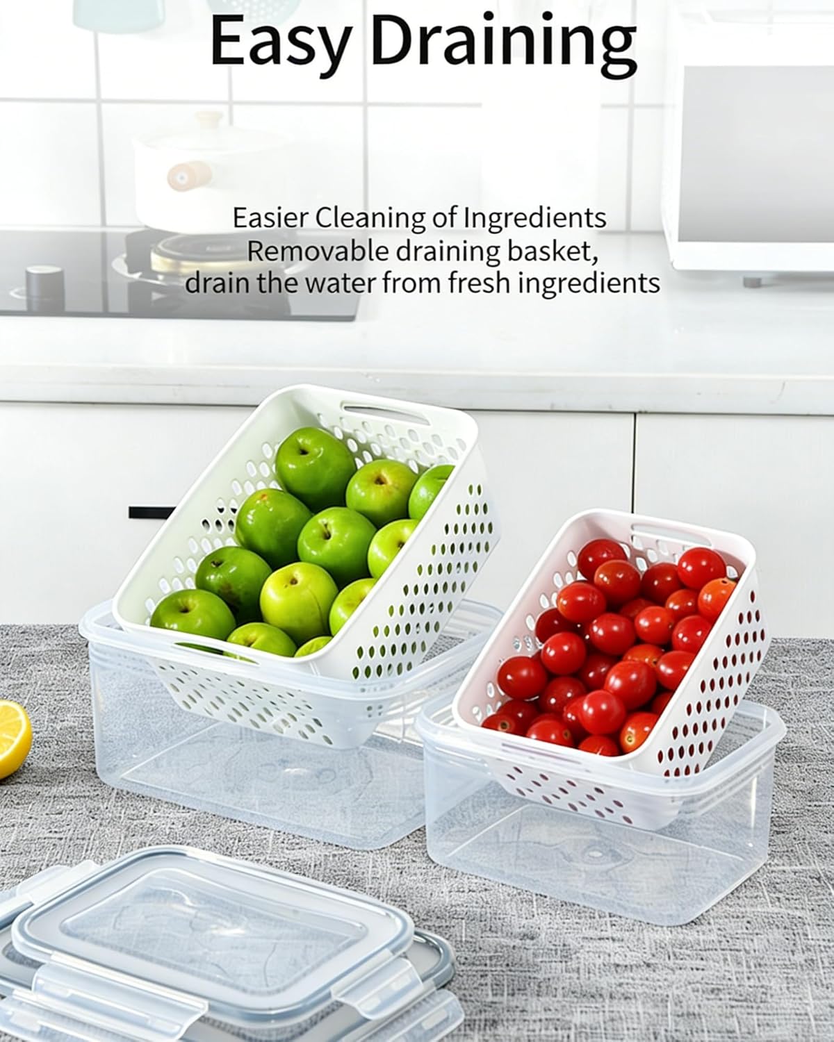 Skiennix Fruit Storage Containers - Transparent Plastic Box with Removable Colander | Keeps Berries Fresh (Large)