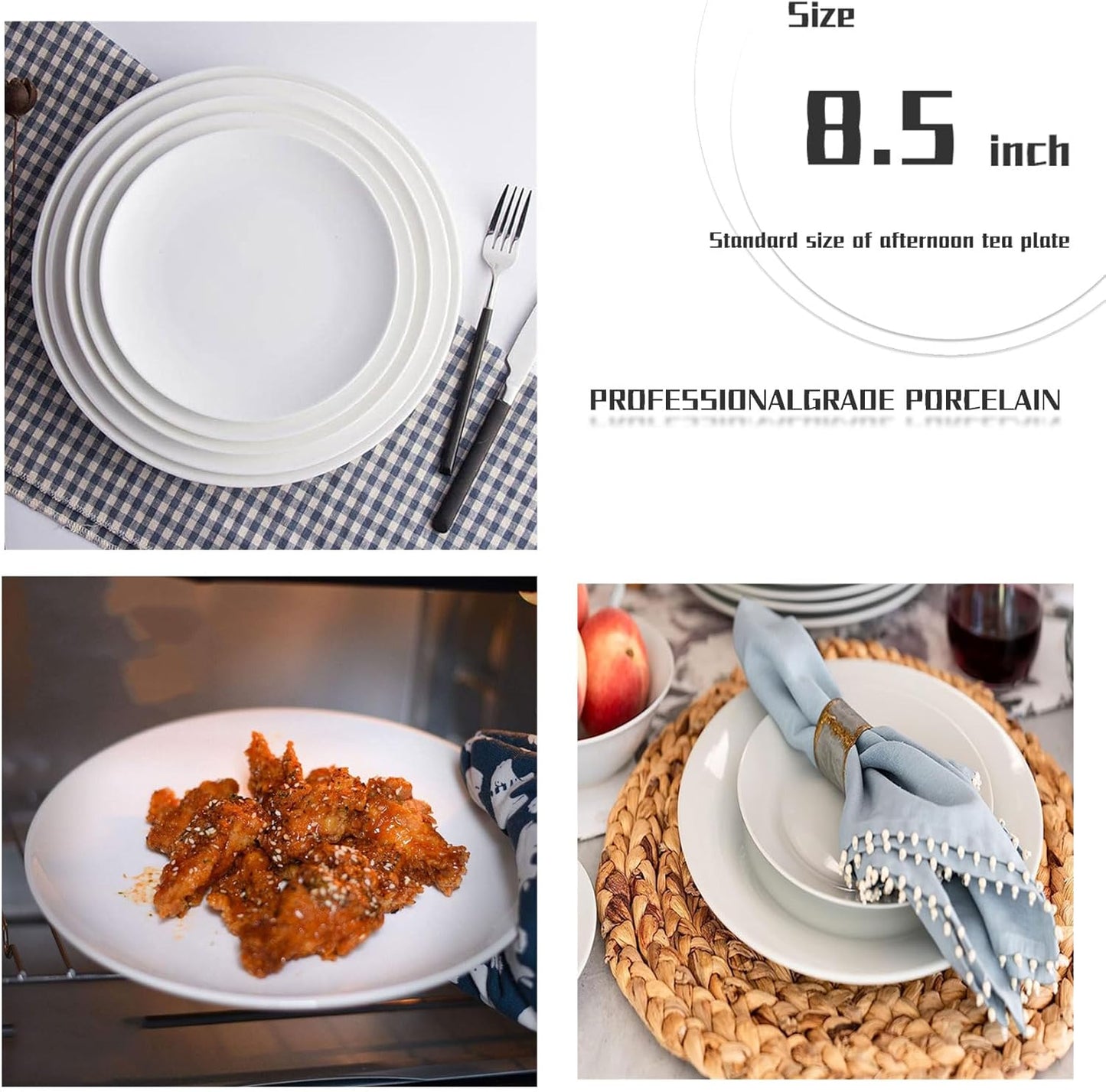 Skiennix 6-Piece White Dinner Plates Set - Lightweight, Chip Resistant, Microwave & Dishwasher Safe | 8.5" Round Design
