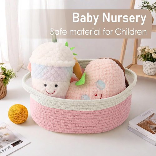 JMvicyroam Woven Basket - Small Rope Storage Bin with Handles | Organizer for Shelves & Closets - White & Pink (3 Pack)