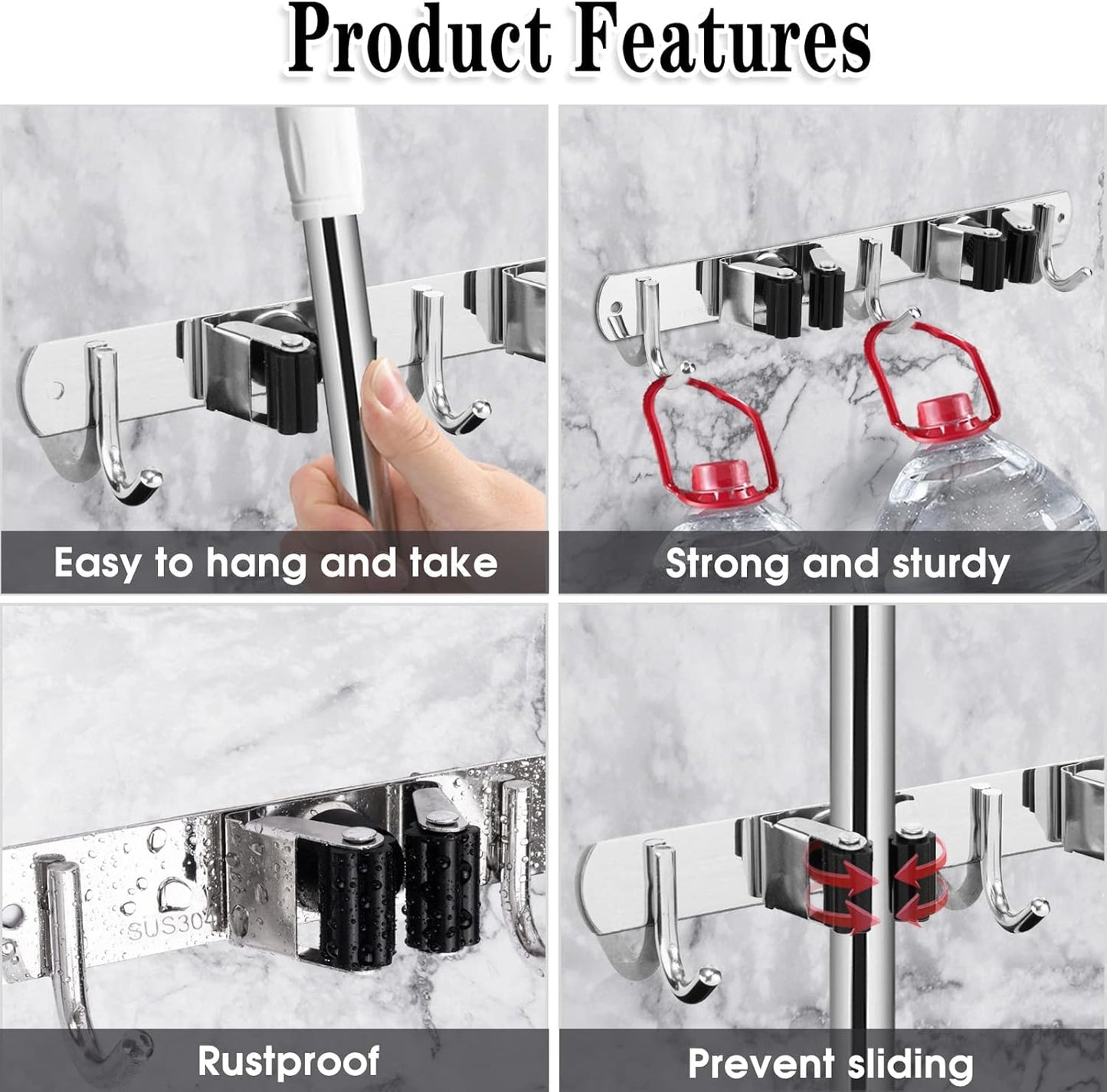Skiennix Wall-Mounted Broom and Mop Holder - Heavy-Duty Stainless Steel Organizer with 2 Racks & 3 Hooks | Non-Slip Design for Home & Garage