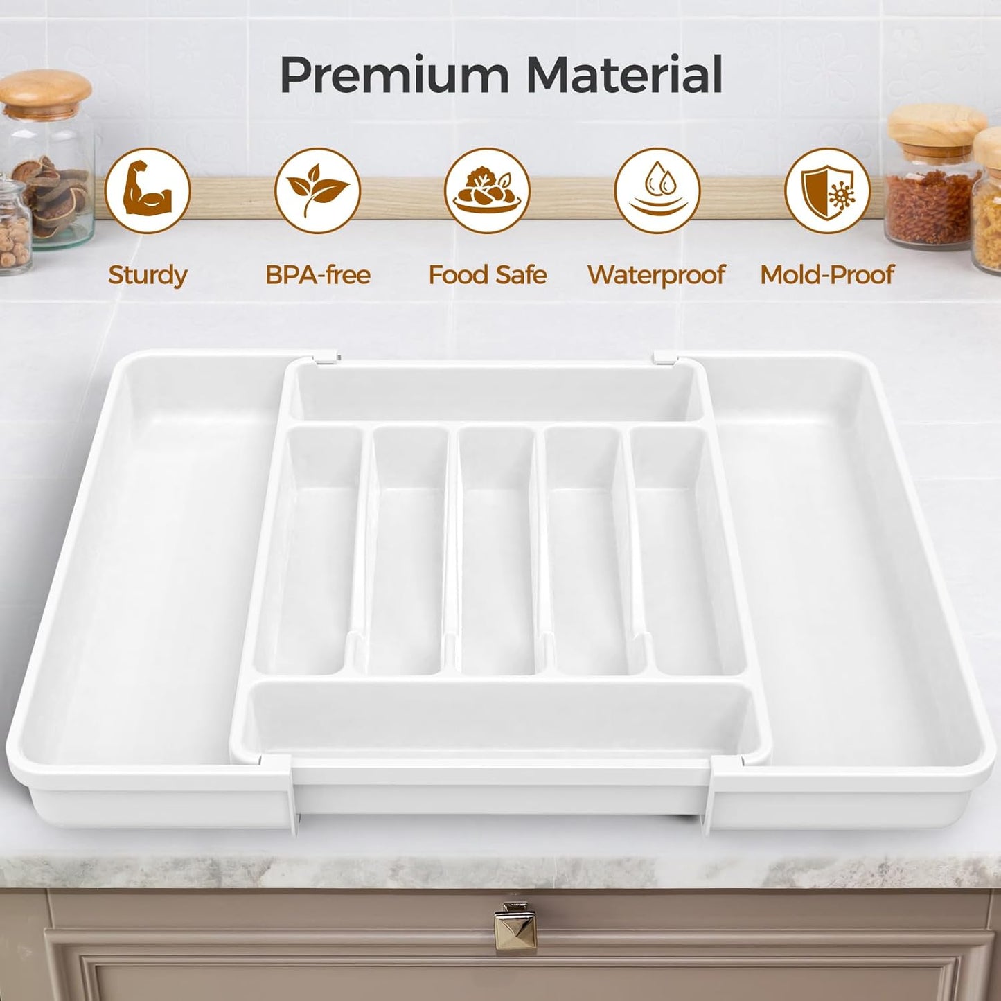 Ukeetap Extra Large Silverware Organizer - BPA-Free Adjustable Cutlery Holder for Kitchen Drawers | White
