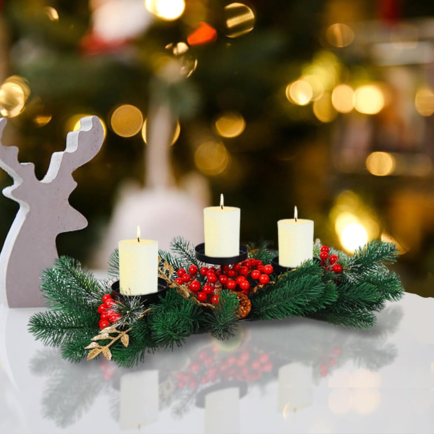 MorTime Christmas Centerpiece - 3 Candle Holders with Red Berries & Pine Cones | Indoor Table Decor