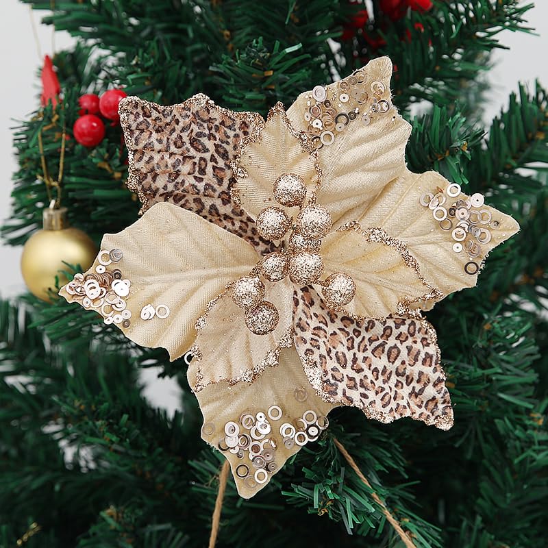 Tiecawk Gold Leopard Print Christmas Flowers 8.26 Inch, 8 Pieces Holiday Decor
