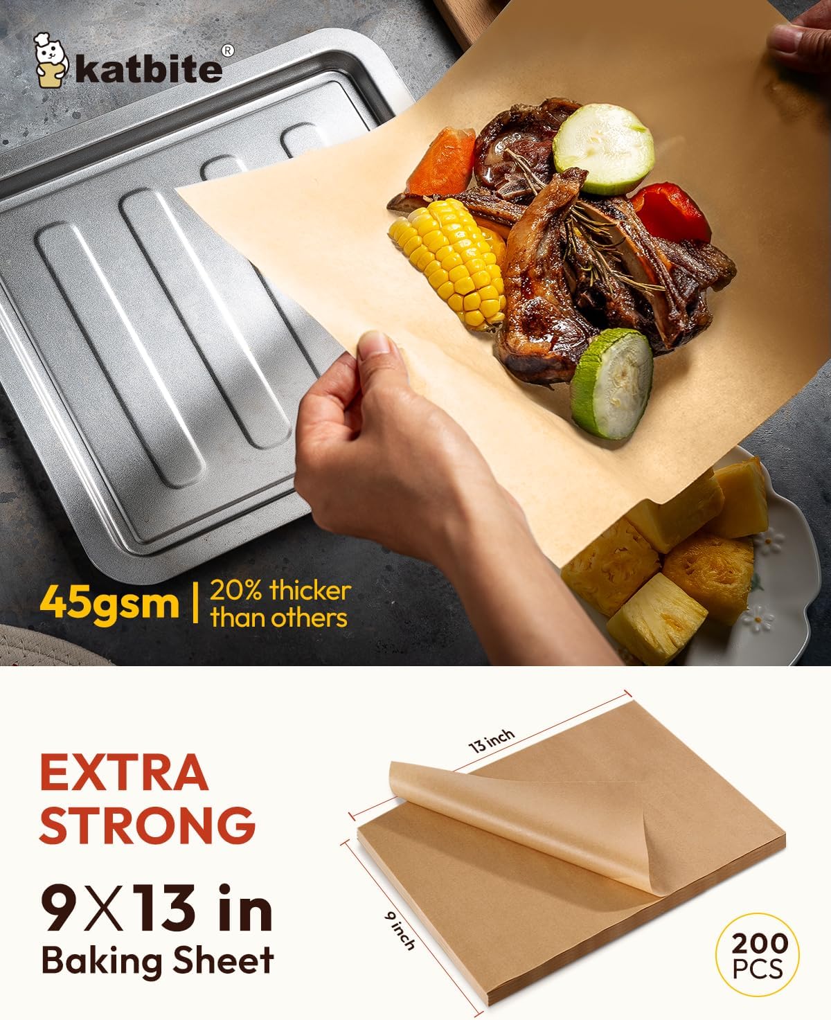 Katbite 200Pcs Heavy Duty Unbleached Parchment Paper Sheets - Perfect for Baking, Cooking & Frying (9x13 Inch)