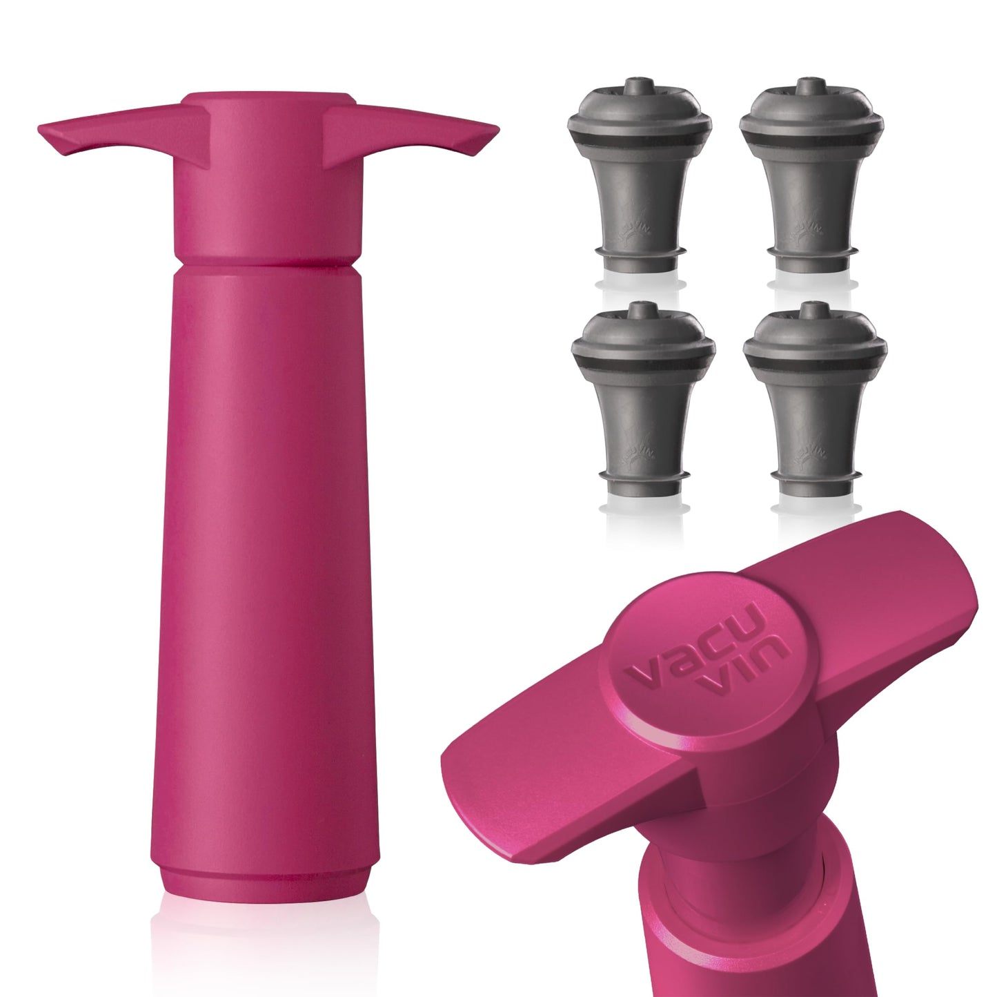 Vacu Vin Wine Saver Pump Pink with Vacuum Wine Stopper - Keep Your Wine Fresh for up to 10 Days - 1 Pump 4 Stoppers - Reusable - Made in the Netherlands