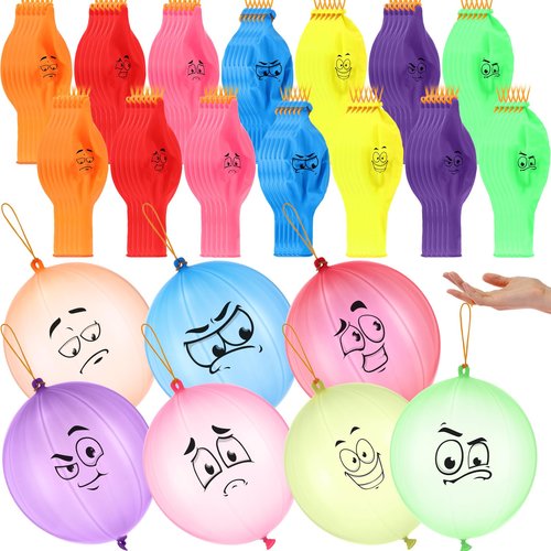 Hollowfly 100 Pack Expression Heavy Duty Punch Balloons Bulk Bounce Balloons with Rubber Band Handle for Carnival Funny Party Favor Activities Decoration Birthday Rewards Bags Filler