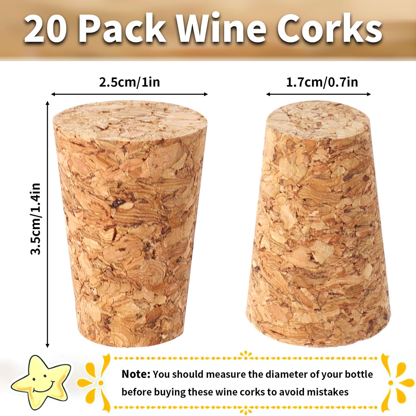 Wine Corks, Natural Soft Wood Wine Bottle Corks, Leakproof Tapered Corks, 20 Pack Wooden Replacement Wine Stoppers for Wine Beer Liquor Bottles, DIY Crafts