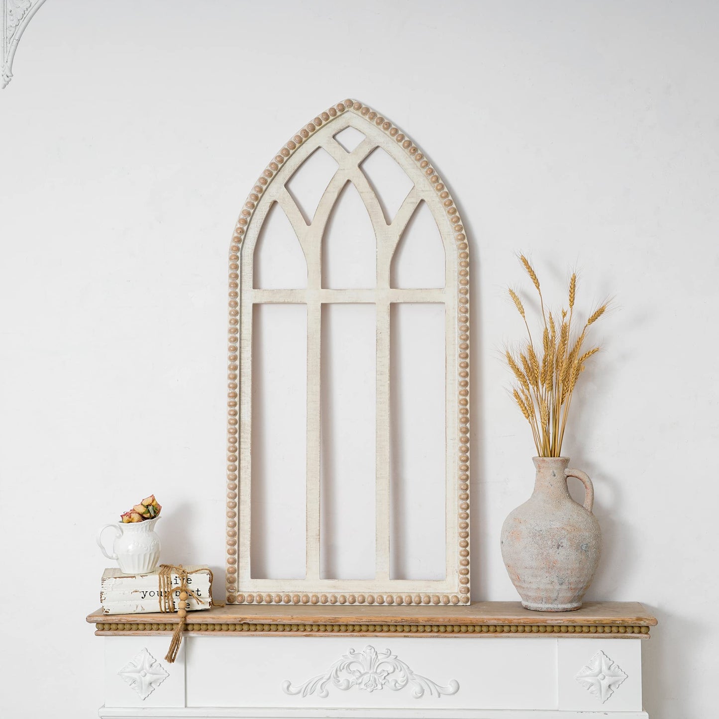Synovana Arched Wooden Window Frame Wall Decoration, Rustic Farmhouse Wood Window Pane Hanigng Art Decor, 42 inches Gothic Cathedral Style Spire Design Wall Mounted Fake Window Decor, Distressed White