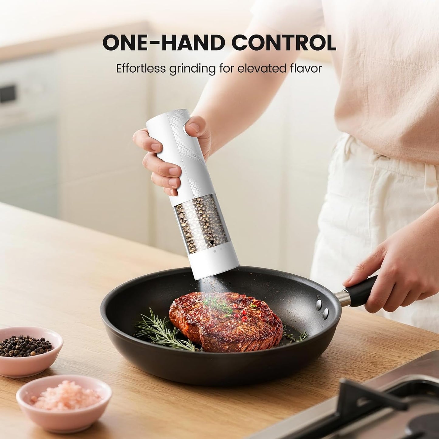 Skiennix Electric Salt and Pepper Grinder Set - Rechargeable Automatic Shakers with Adjustable Coarseness | 2-Pack White