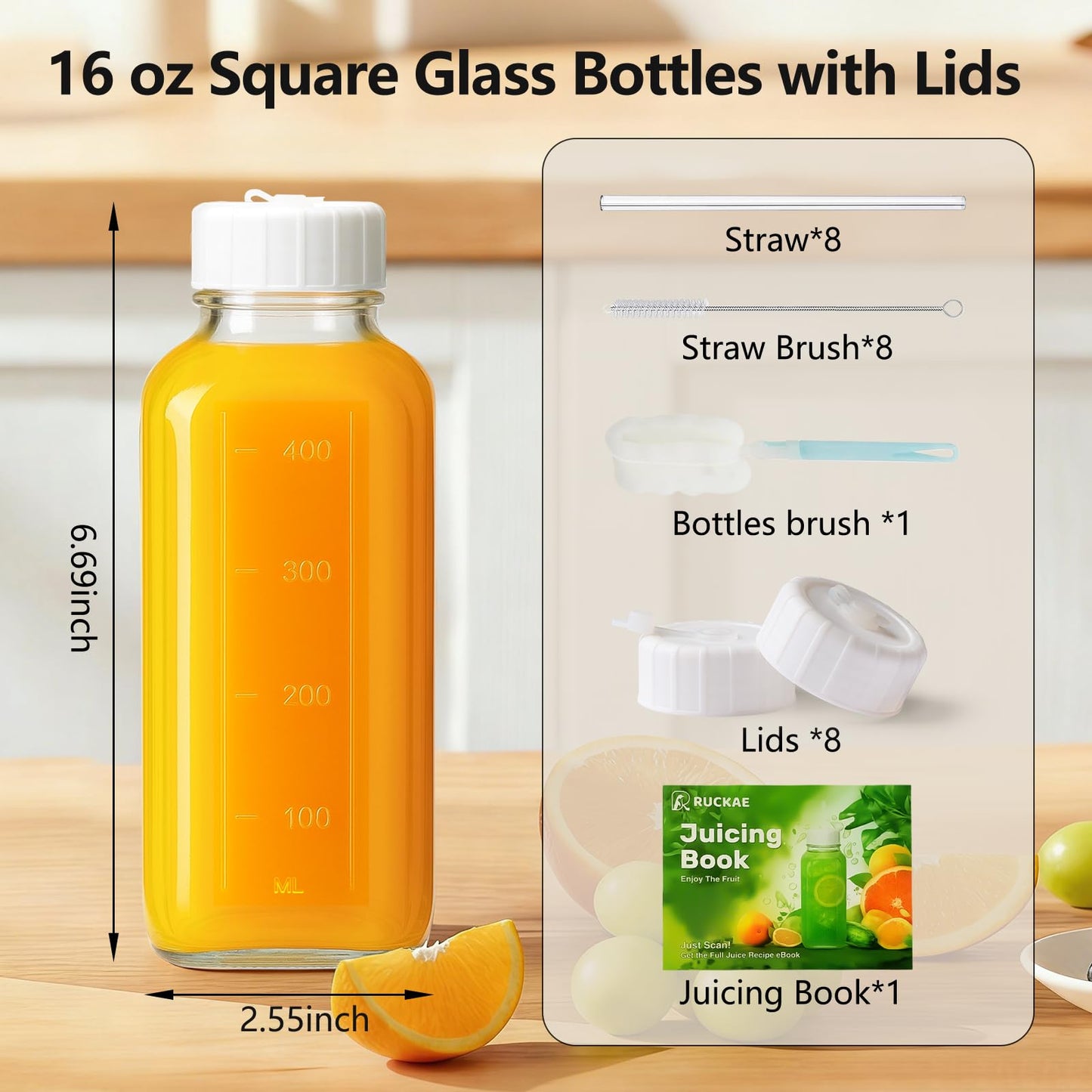 Ruckae 16oz 12 Pack Glass Juice Bottles with Hole Lids - Reusable Square Glass Juice Bottles with Leak-Proof Lid & Capacity Marks for Containers Juicing,Milk,Smoothies
