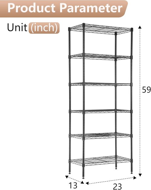 FDW 6-Tier Wire Shelving Units - Adjustable Metal Storage Rack for Kitchen & Garage | 23L x 13W x 59H, Black