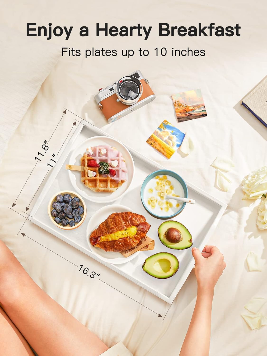 Pipishell Bamboo Bed Tray - Versatile Folding Snack Table for Breakfast & Work | White Finish