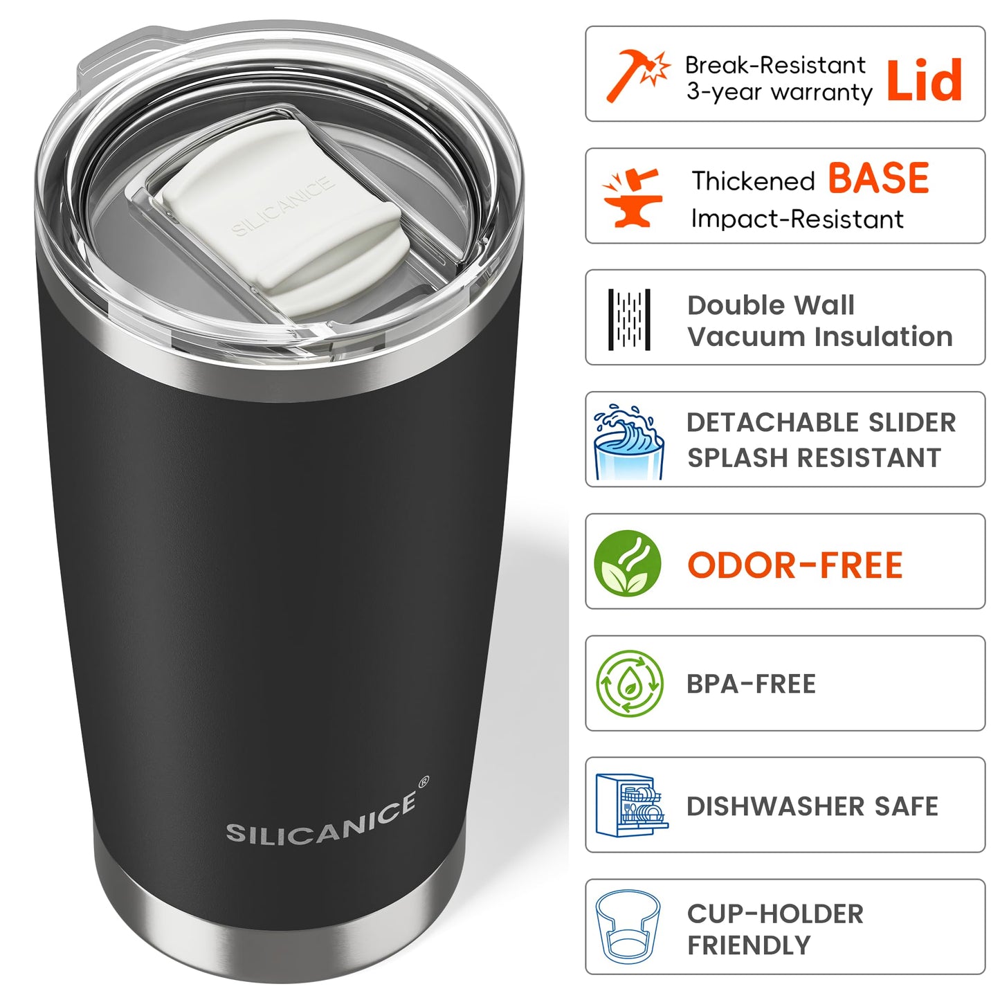 20oz Hygienic Stainless Steel Vacuum Insulated Tumbler w/ Easy-On/Easy-Off Lid - Removable slider, Double Wall 18/8 Travel Mug, BPA-Free, Fits Cup Holders, Premium Quality, Smart Value - Black