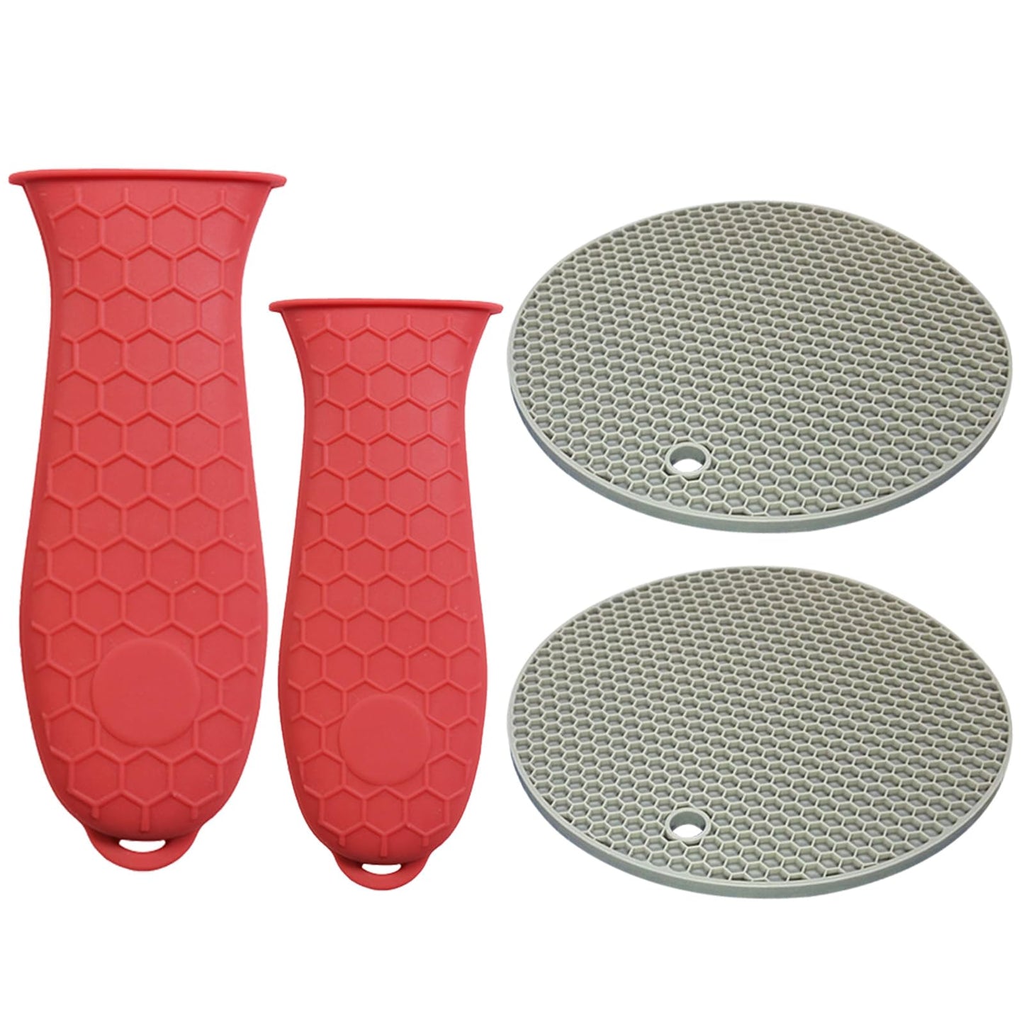 Silicone Handle Cover with Hot Pads for Kitchen - 2 Pack Heat Resistant Handle Covers for Cast Iron Skillets + 2 Multi-Purpose Hot Pads - Non-Slip, Heat-Resistant, with Hanging Holes (Red)