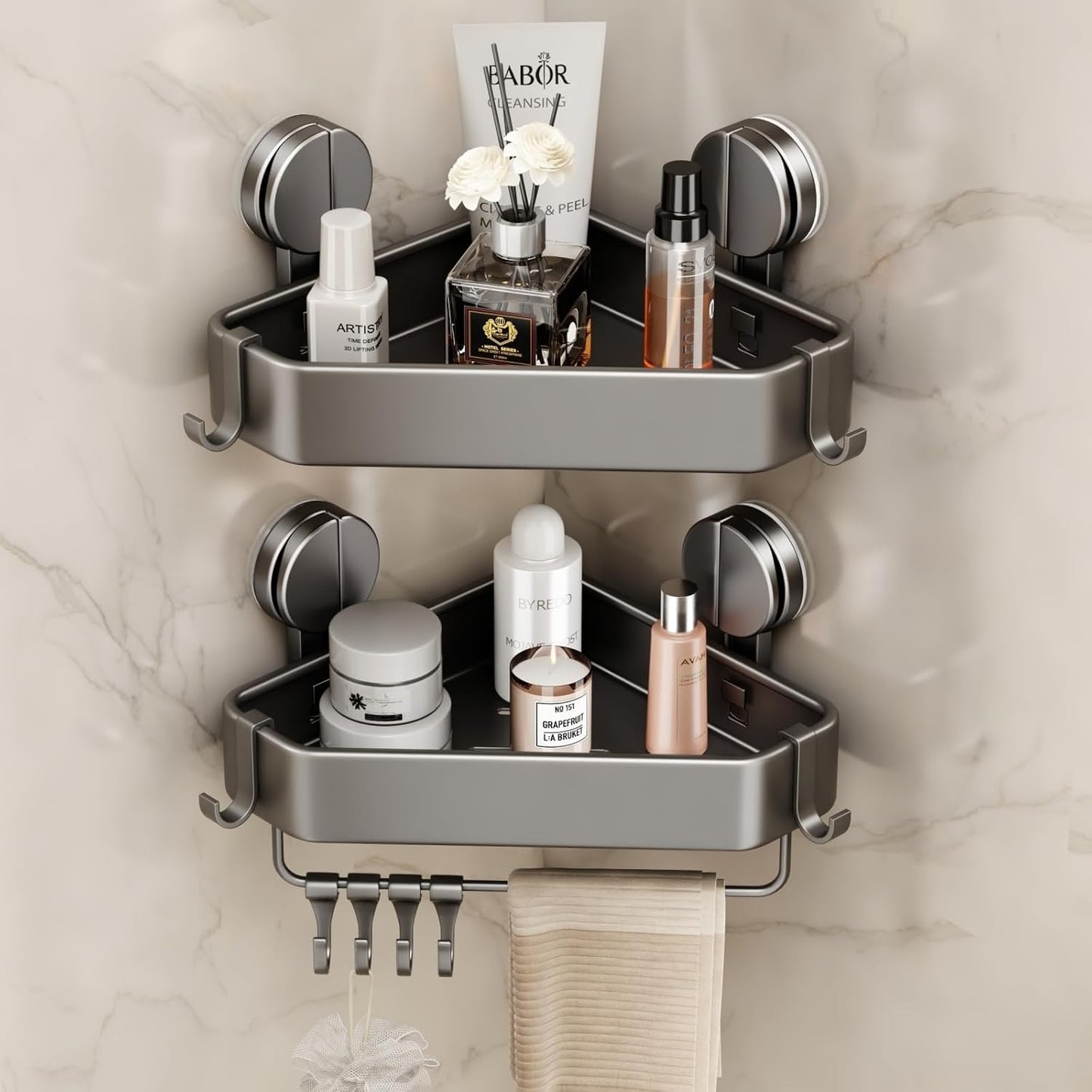 Mustorn Suction Cup Shower Caddy - Rustproof Corner Organizer with Towel Holder & Hooks | 2 Pack (Gray)
