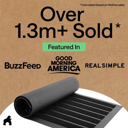 GORILLA GRIP Waterproof All-Season Doormat - Natural Rubber, Stain & Fade Resistant, 23x35, Black Stripe
