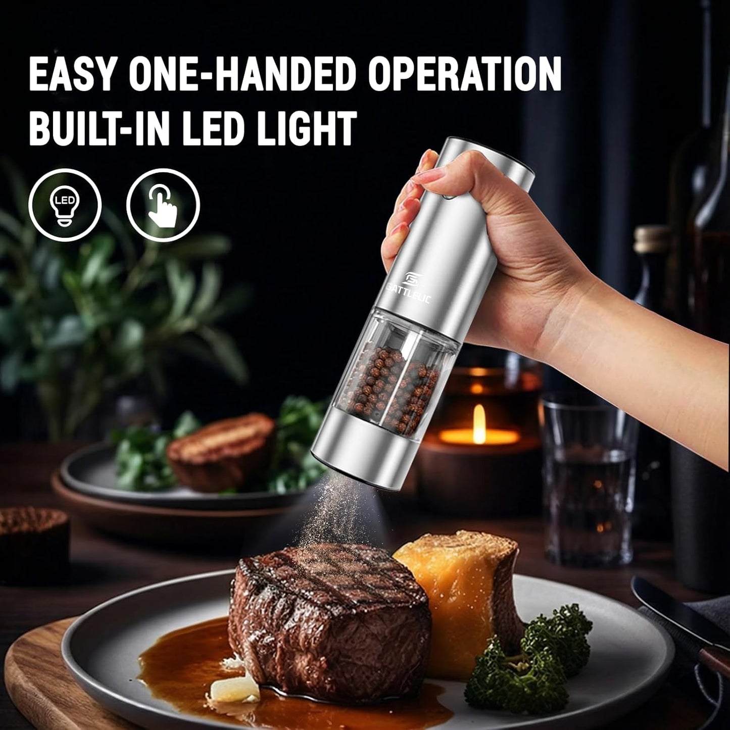 Skiennix Electric Salt and Pepper Grinder Set - Automatic Mill with LED Light & Adjustable Coarseness - Rechargeable Black & Sea Salt