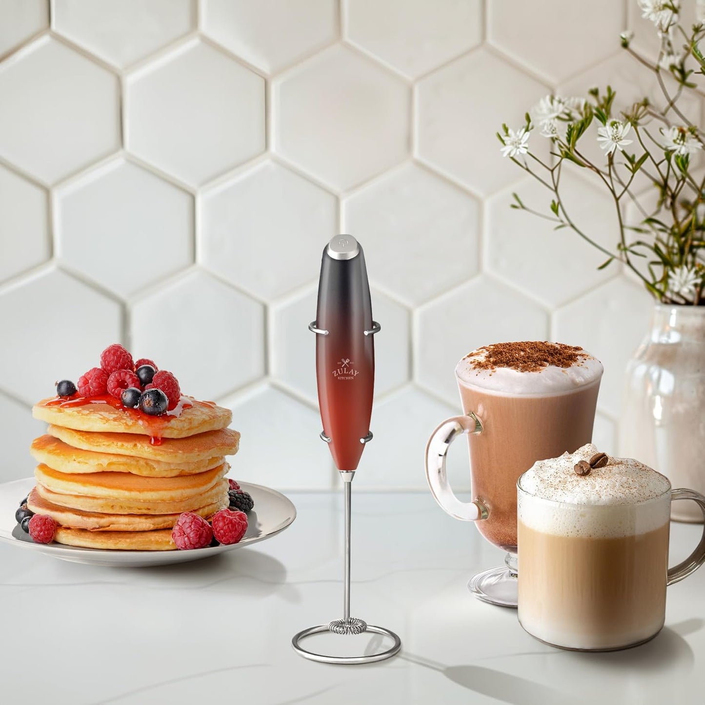 Zulay Kitchen Milk Frother Wand - Ultra-Fast Handheld Drink Mixer with 4 AA Batteries - Black & Red