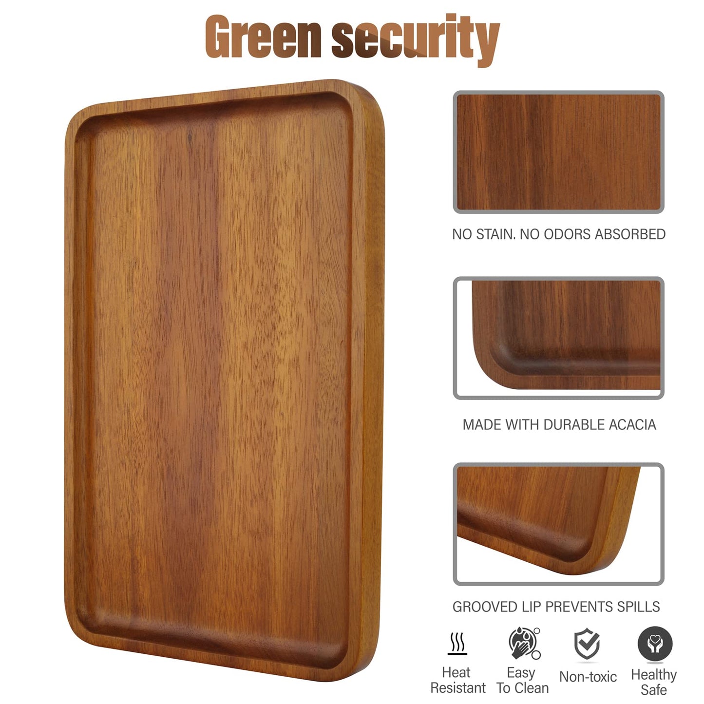 Charmlife 1 pcs 13"x 9" Solid Acacia Wood Serving Tray Rectangular Wooden Serving Platter Natural Wooden Board for Bar Coffee Party