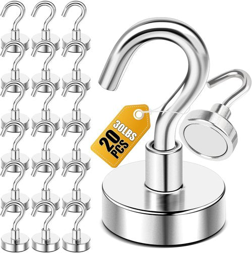 DIYMAG Magnetic Hooks - Heavy Duty 30lbs+ Magnet Hooks for Home & Kitchen | 20 Pack (Silver)