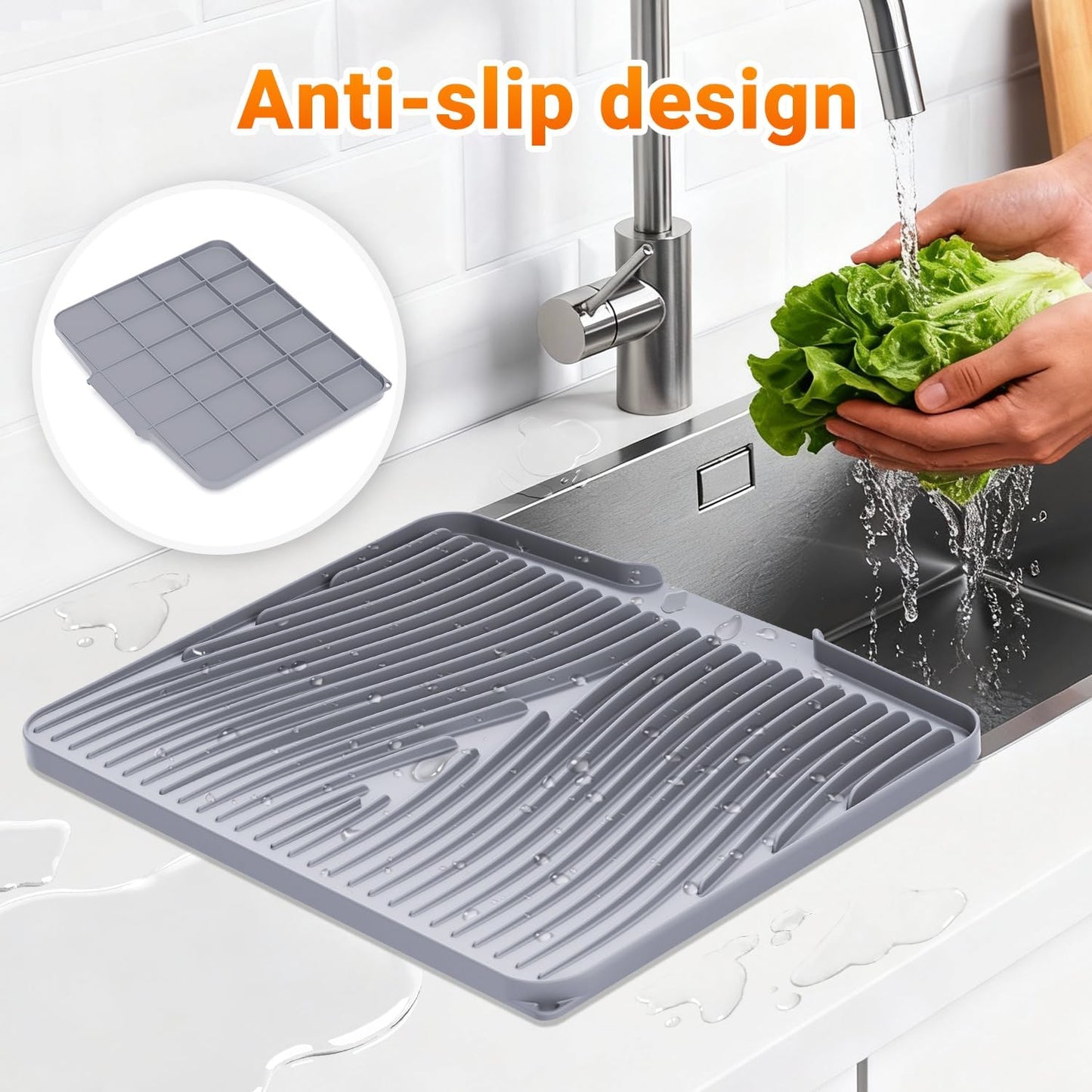 Silicone Dish Drying Mat - Non-Slip Drain Pad for Kitchen | Easy to Clean, Heat Resistant, 15.8" x 13", Grey