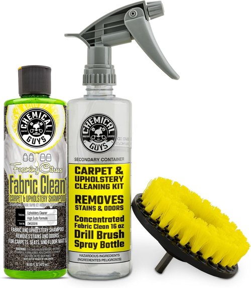Chemical Guys Foaming Citrus Fabric Clean Drill Brush Kit - Deep Clean & Deodorize Upholstery, Floor Mats & Carpets, 16 fl oz