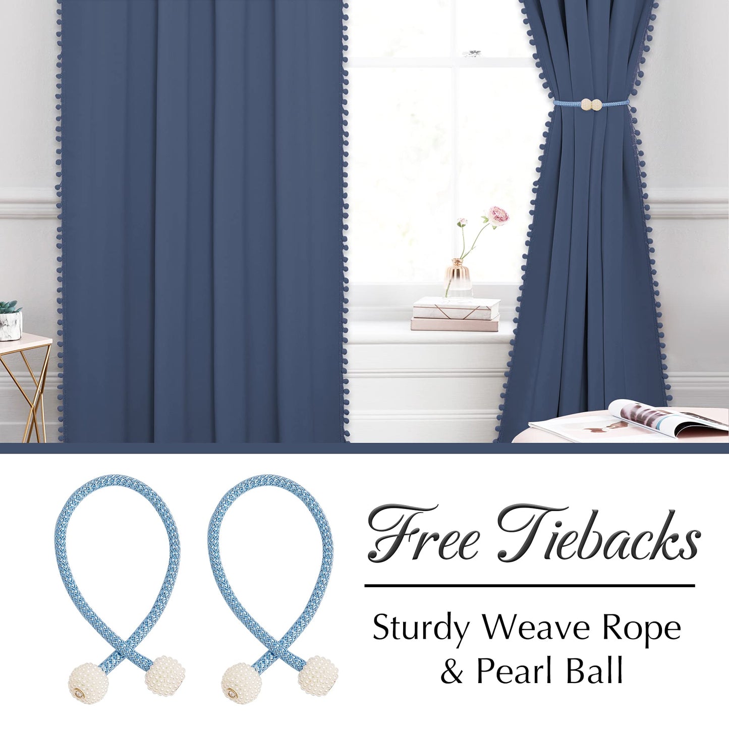 StangH Stone Blue Blackout Curtains 84 inch for Living Room/Patio Sliding Door, Pompom Thermal Insulated Door Panels for Bedroom, Nursery Kids Home Decoration, W52 x L84, 2 Panels