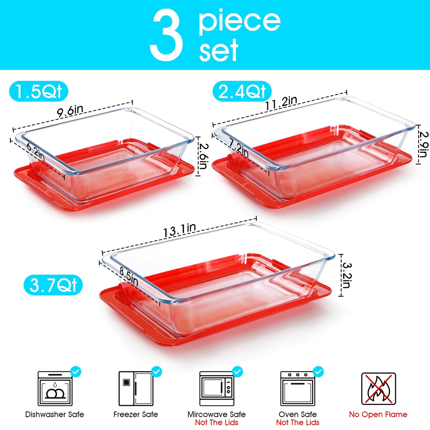 NUTRIUPS 1.5+2.4+3.7Qt Deep Glass Baking Dish, 11.5x8x3 in & 9.5x7x2.7 in & 8x6x2.4 in 3-Pack Deep Lasagne Dish with Lids for Oven, Rectangular Glass Bakeware