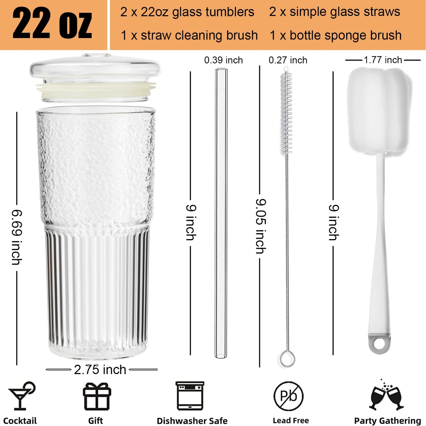 ALINK Glass Cups with Lids and Straws, 22 oz High Borosilicate Clear Iced Coffee Glass Tumblers, Drinking Glass Smoothie Tea Water Cups, Pack of 2 with Cleaning Brush