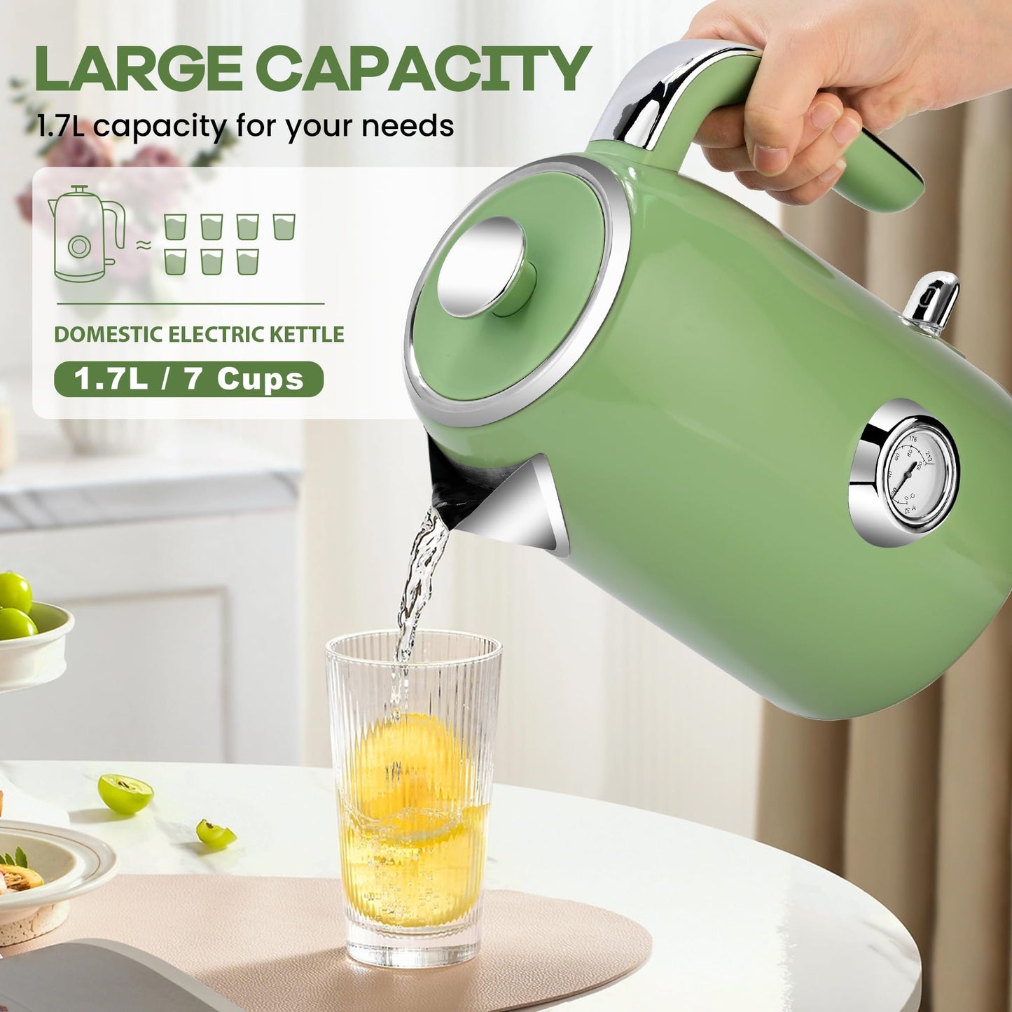 Pukomc Electric Kettle,1.7L Stainless Steel Electric tea kettle with Temperature Gauge, Fast Boiling, Auto Shut - off, BPA - Free, Boil - Dry Protection, (Retro Green)