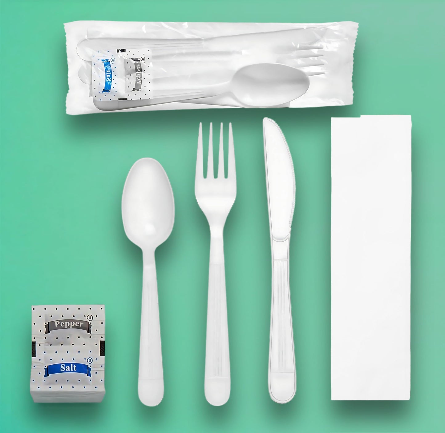 Pokanic Plastic Utensils x [125 Pack] Silverware Wrapped Combo Set Bulk Variety Pack Disposable Cutlery Party Supply Heavy Duty Forks, Spoons, Knives, Napkins, Salt Pepper (125 Pack, White - Set A)