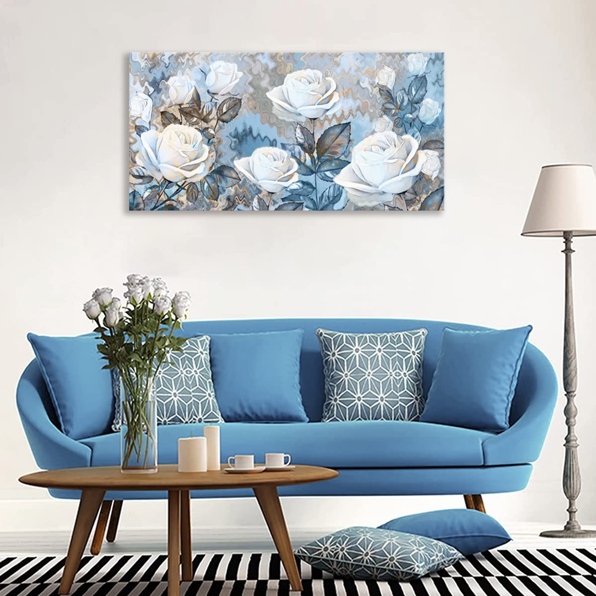 YIKG Living Room Rose Flower Wall Art Blue and White Floral Pictures on Canvas Prints for Home Walls Decor 48x24