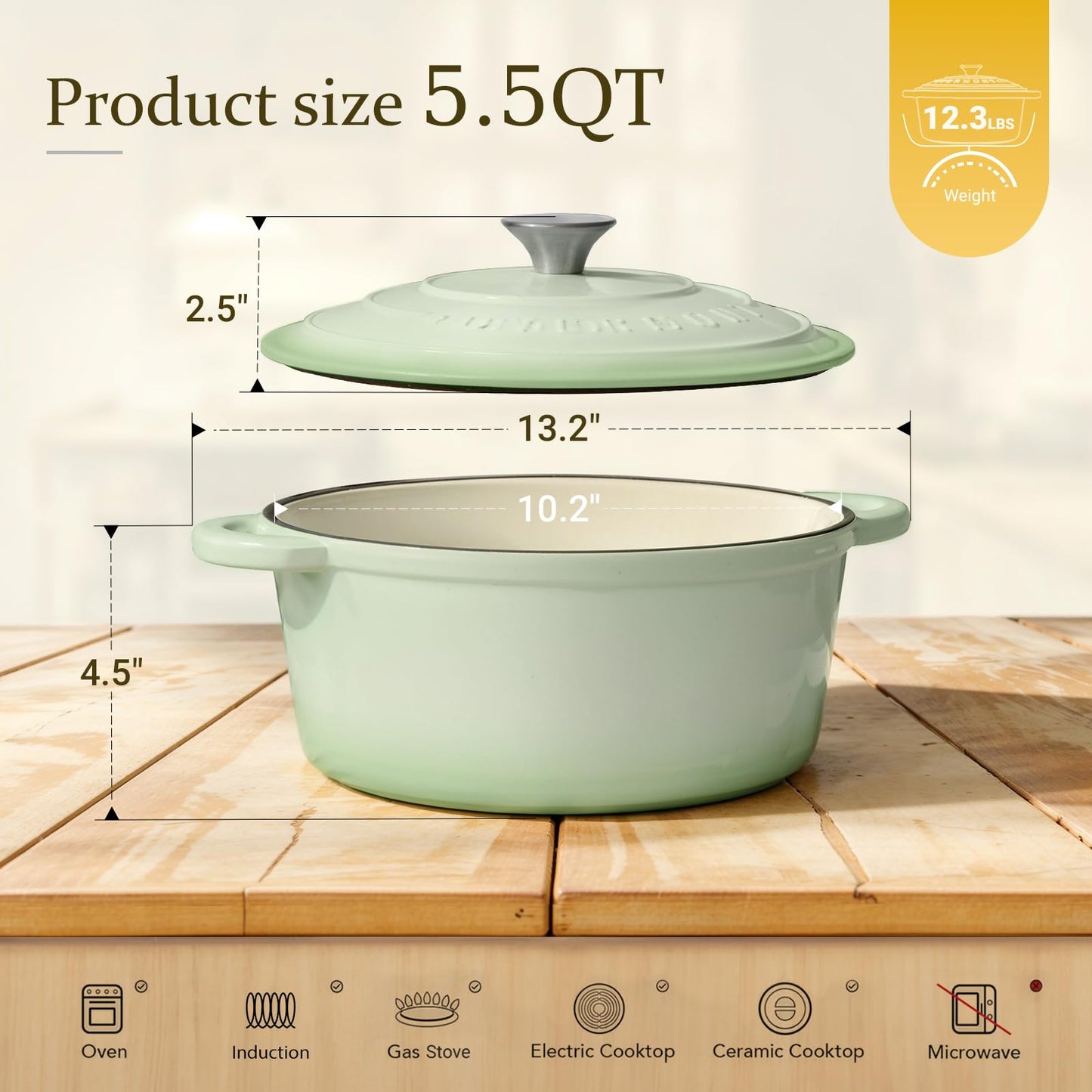 Overmont Enameled Cast Iron Dutch Oven - 5.5QT Pot with Lid Cookbook & Cotton Potholders - Heavy-Duty Cookware for Braising, Stews, Roasting, Sourdough Baking Verdant