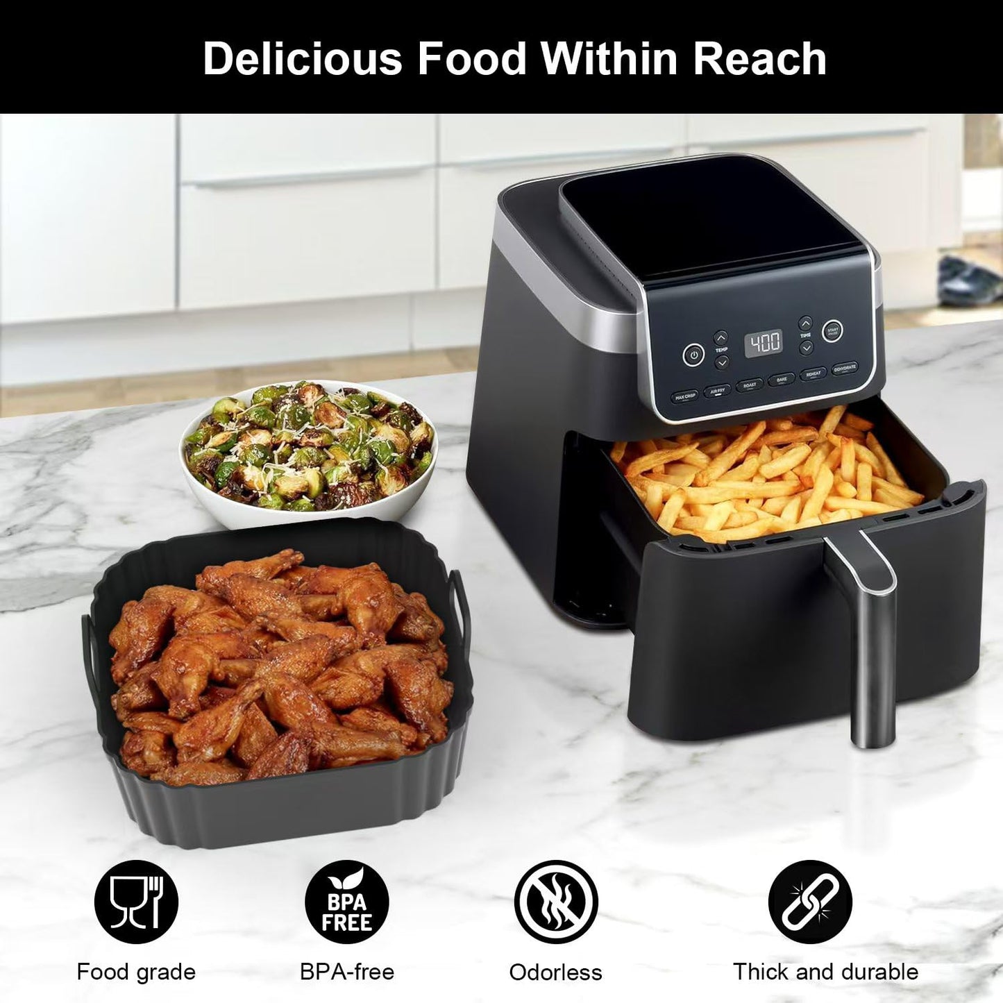 PINTAUR Square Silicone Air Fryer Liners 2 Pack, Compatible with Ninja AF141 181, 8.5 Inch Air Fryer Liners for COSORI 5-6.5 QT, Reusable Silicone Basket, Air Fryer Accessories