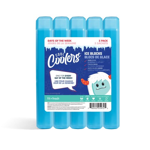 Cool Coolers by Fit + Fresh, 5 Pack Days of the Week Ice Blocks, Compact & Reusable Ice Packs for Lunch Boxes & Coolers, Blue