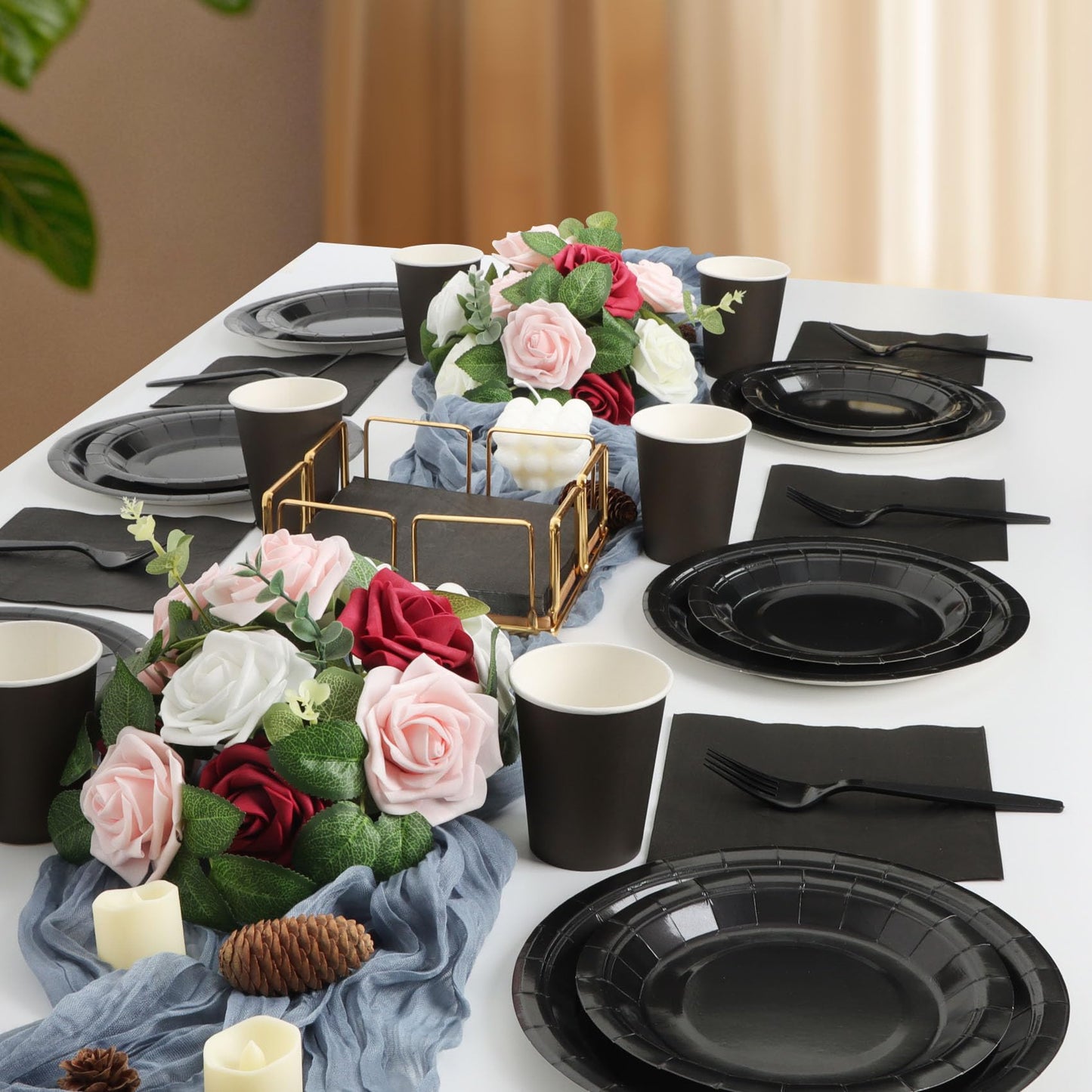 Black Paper Plates and Napkins, Disposable Black Party Plate Include 7&9INCH Plates Cups Napkins Forks Party Supplies for Father‘s Day, Graduations, Retirement, Birthday, Halloween for 25 Guests