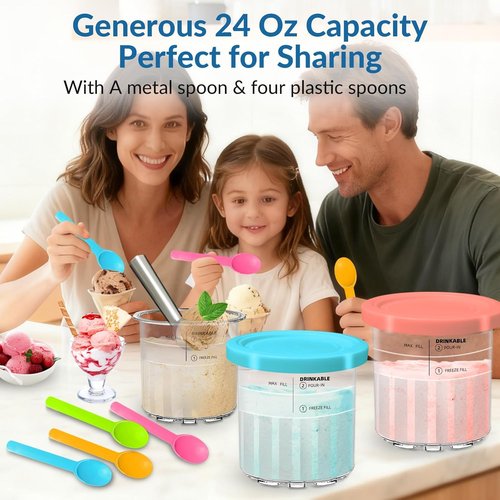 Creami Deluxe 4-Pack Pints - 24oz Ice Cream Maker Accessories with Lids & Spoons | BPA-Free, Dishwasher Safe