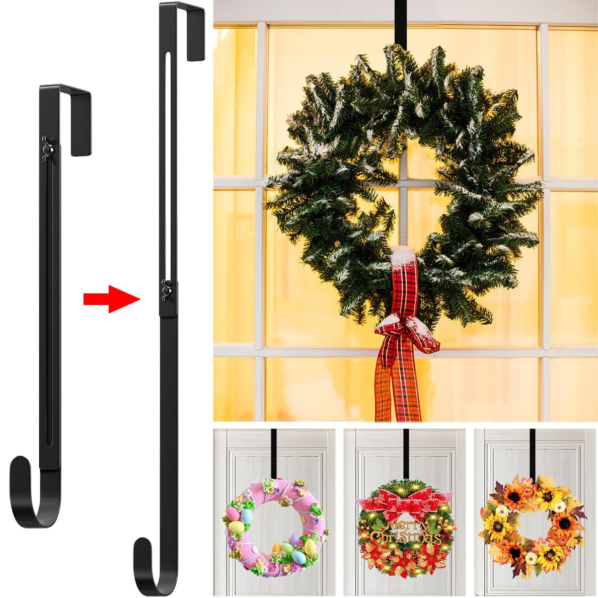 Metal Wreath Hanger for Front Door, Adjustable Wreath Hanger from 12-20", Single Hook, Heavy Duty, Holds up to 20 lbs, Over-the-Door Hook for Hanging Easter, Halloween, Fall, Christmas Decorations
