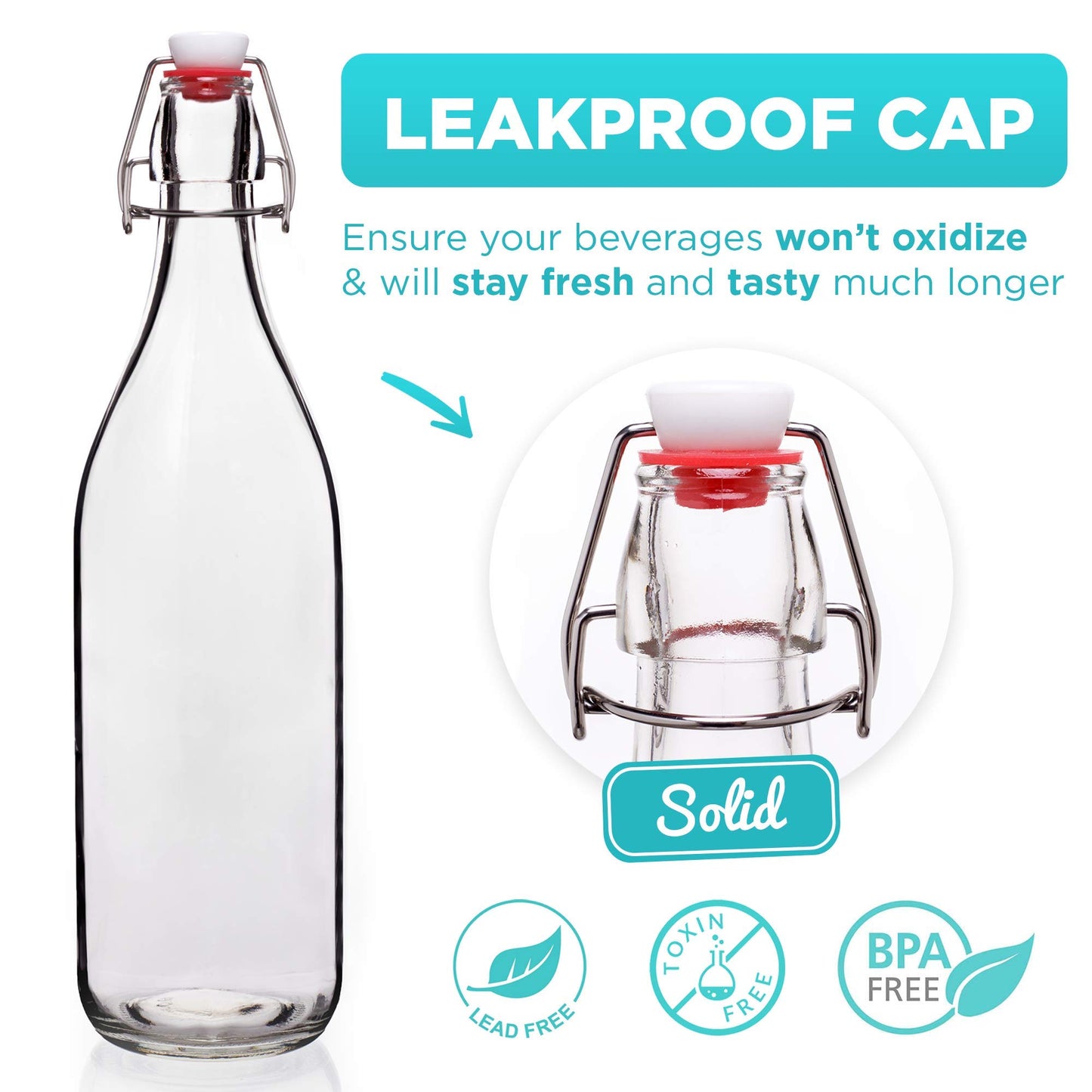 Swing Top Glass Bottles [1 Liter / 33 fl. oz.] [Pack of 4] – Flip Top Coquito Bottles for Kombucha, Fermentation, Beer, Kefir, Wine – Airtight Stopper Lids with Extra Gaskets, Funnel, Labels & More
