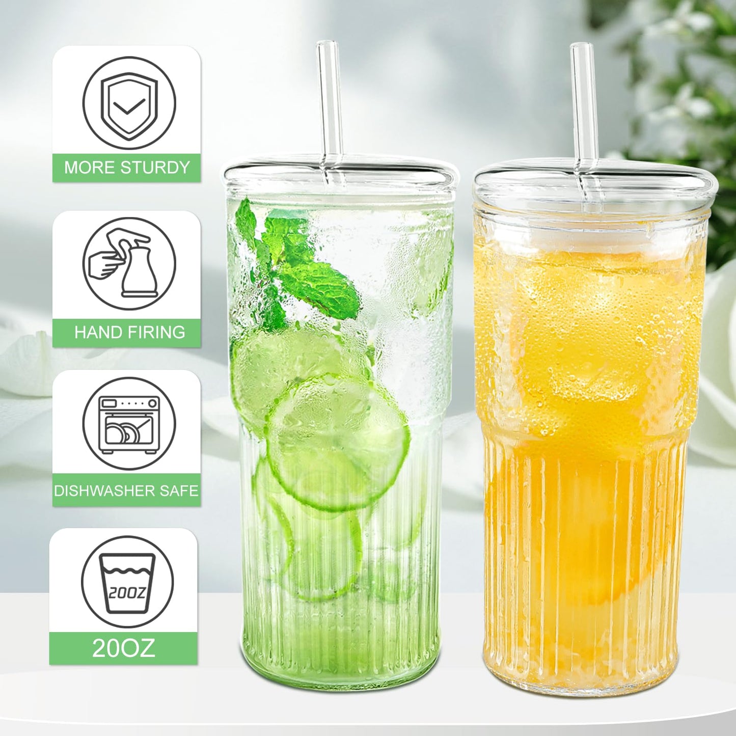 Luiaiog Glass Cups with Lids and Glass Straws, High Borosilicate 20OZ Tumblers (2Pcs) for Coffee, Tea, Juice, Smoothies, Hot/Cold Drinks at Home, Office（Christmas Creative Drink Label Design）