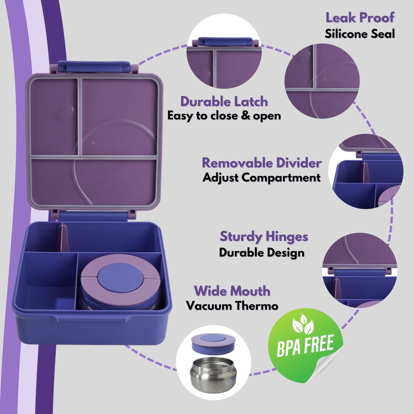 CANAIMA Bento Box for Kids with Thermos -1600ml Leak Proof Lunch Box - Amazing Designs - Microwave-Safe, BPA-Free, Easy to Clean Bento Lunch Box for Kids & Adults - School & Office (Purple Mermaid)